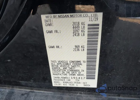 2020 Nissan Altima Sv Intelligent Awd from USA, damaged, VIN 1N4BL4DW0LC191417